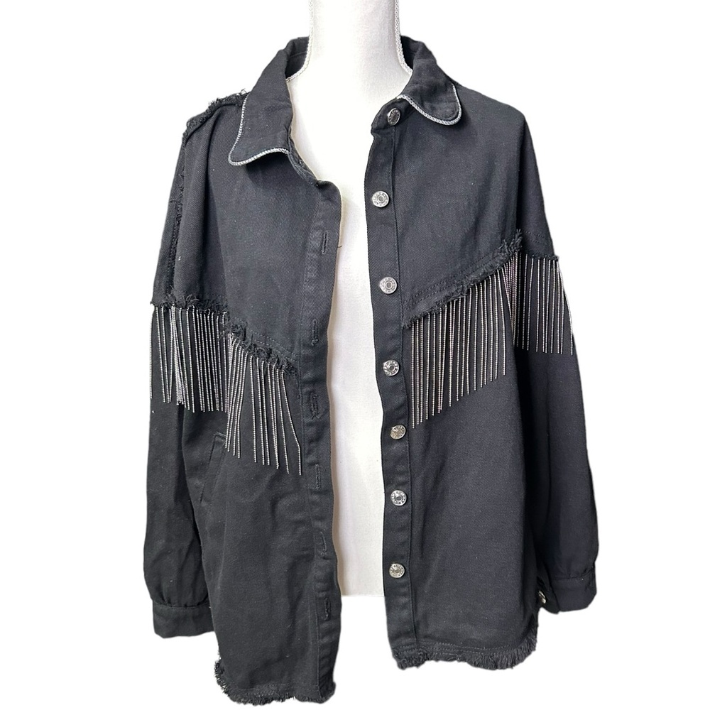 FINDTHY Women’s Fashion Rhinestone Fringe Jacket Long Sleeve Denim Jean Jacket - Picture 2 of 11